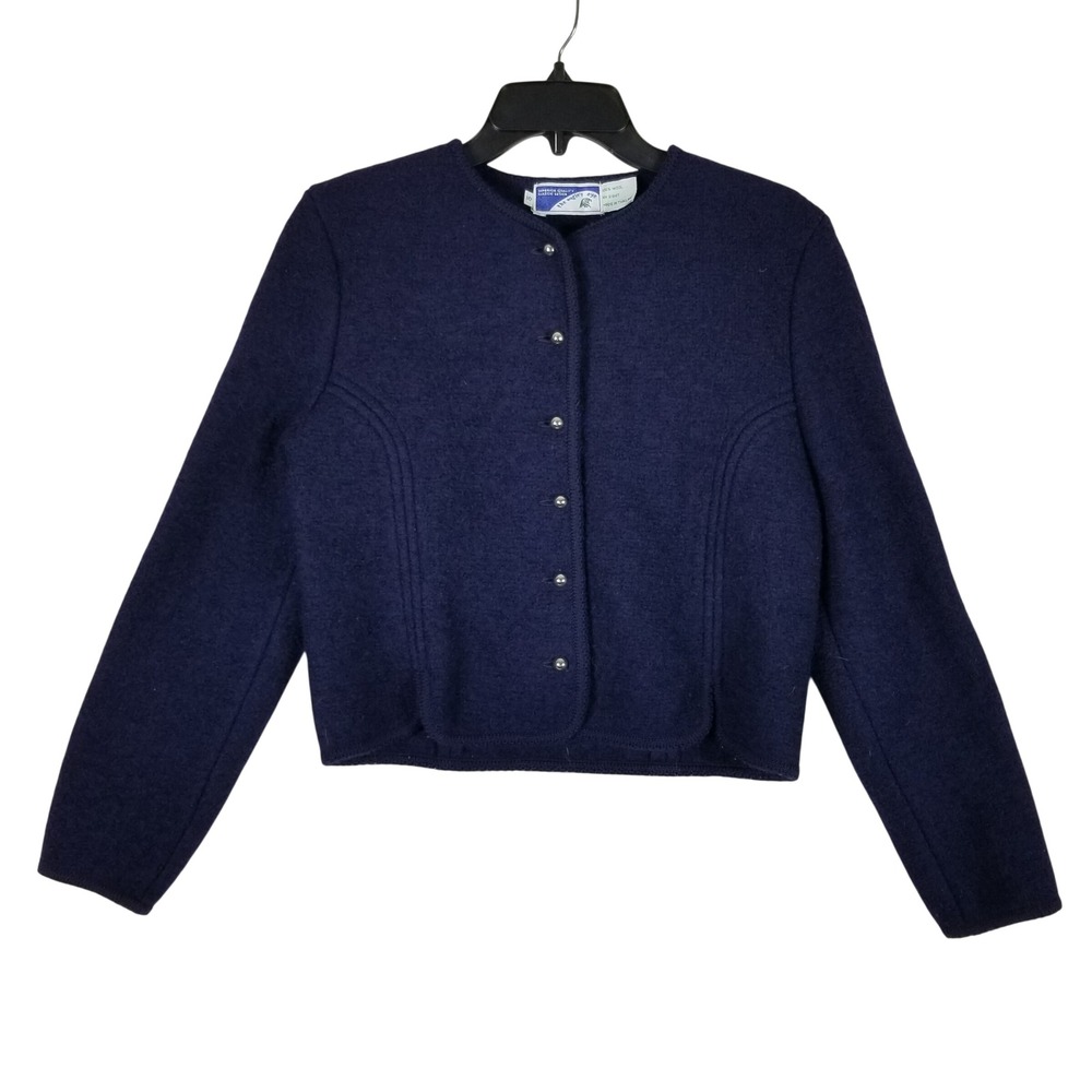 The Eagle's Eye Boiled Wool Cardigan Women 10 Navy Blue Cropped Silver Button